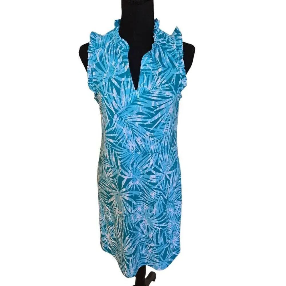 Michael Kors Womens Palm Print Ruffle Sleeveless Shift Dress Turquoise Small